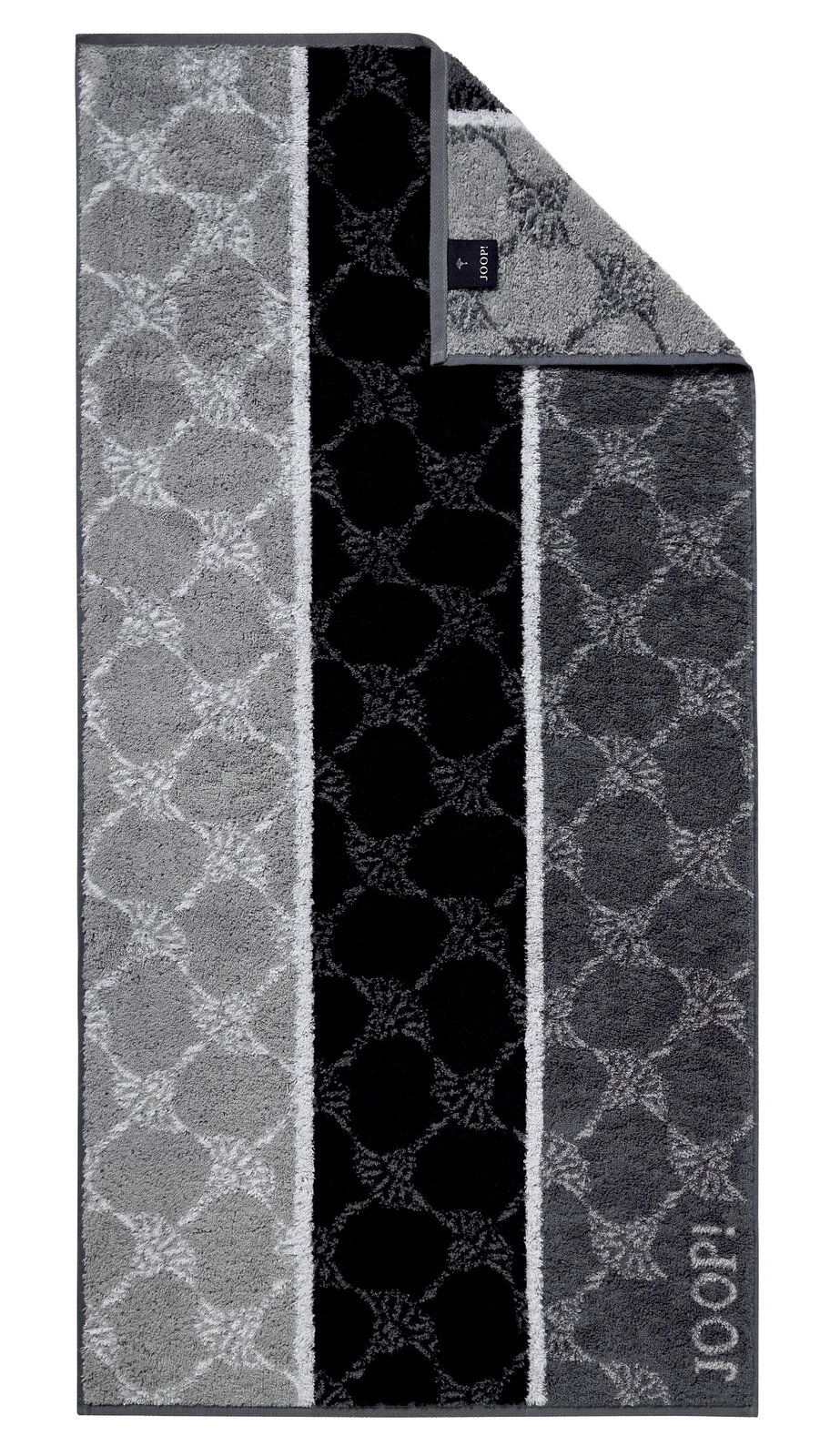 JOOP! Handtuch SIGNATURE Handtuch mit geometrischem Muster in Grautönen, von oben fotografiert.