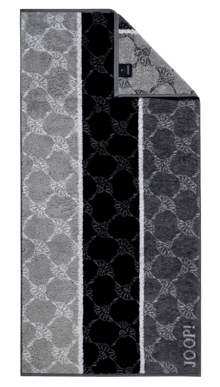 JOOP! Handtuch SIGNATURE Handtuch mit geometrischem Muster in Grautönen, von oben fotografiert.
