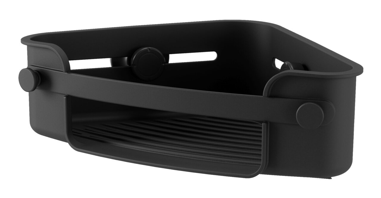 Umbra Eckduschablage FLEX Schwarzer Eckbehälter mit Gel-Lock-Technologie, seitliche Perspektive