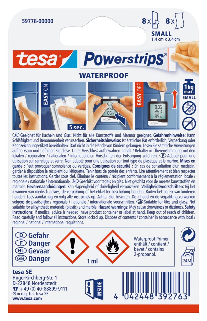 Verpackung der tesa Powerstrips Waterproof, Vorderansicht, zeigt Anwendungsschritte und Sicherheitsinformationen.