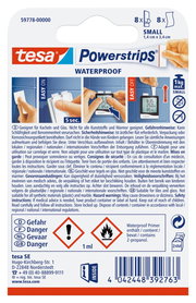 Verpackung der tesa Powerstrips Waterproof, Vorderansicht, zeigt Anwendungsschritte und Sicherheitsinformationen.