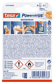 Verpackung der tesa Powerstrips Waterproof, Vorderansicht, zeigt Anwendungsschritte und Sicherheitsinformationen.