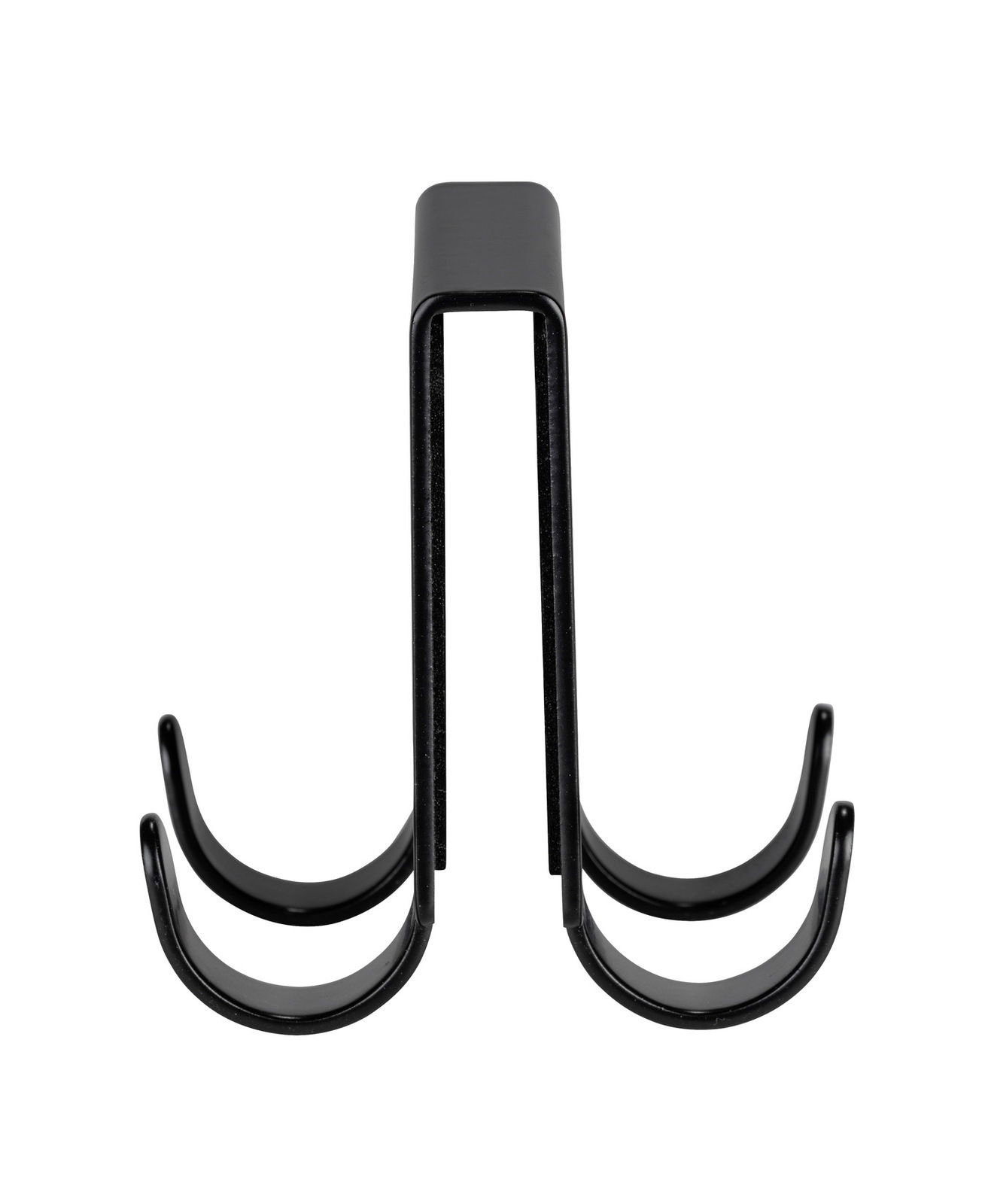 Schwarzer Edelstahl-Doppel-Duschhaken, frontal abgebildet, mit zwei gebogenen Haken.