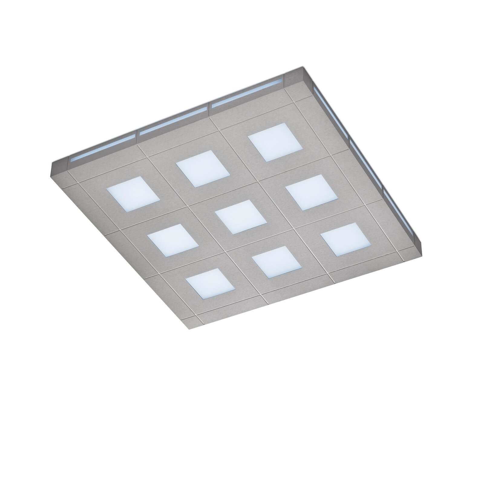 Quadratische LED-Deckenleuchte in gebürsteter Metalloptik mit neun quadratischen Lichtfeldern und seitlichen Lichtakzenten, schräg von unten dargestellt