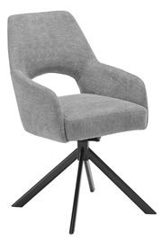 Grauer Armlehnstuhl mit modernem Design, gepolstertem Sitz und schwarzem Metallgestell, seitliche Perspektive