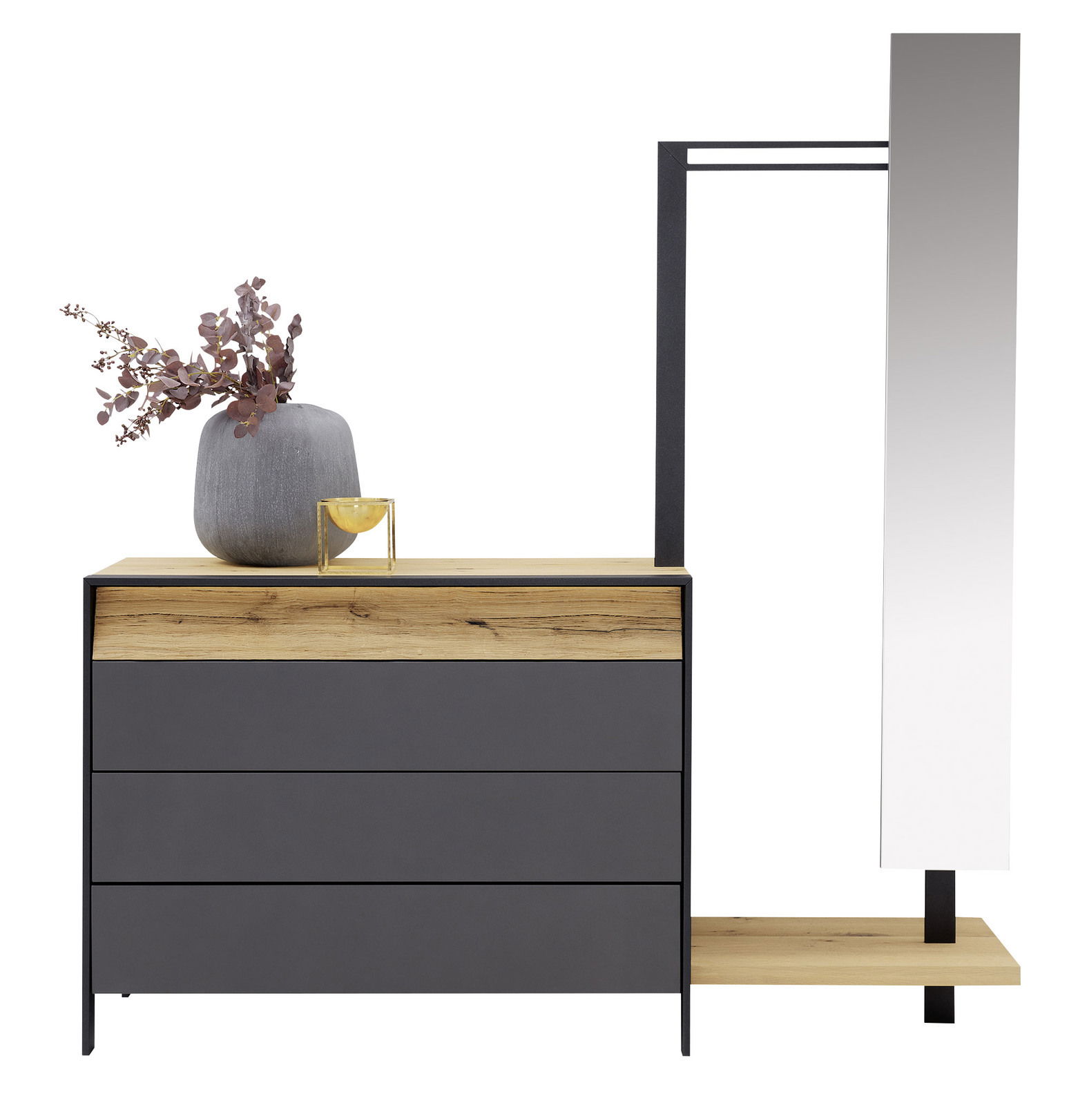 Moderne Anstellgarderobe mit Spiegel, Holz- und Metallelementen, seitliche Perspektive