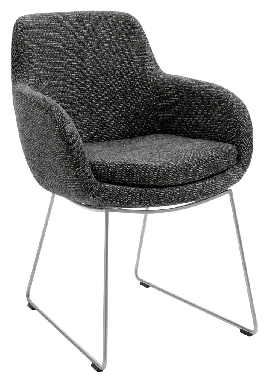 Grauer Armlehnstuhl mit modernem Design und Metallgestell, seitliche Perspektive