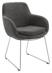 Grauer Armlehnstuhl mit modernem Design und Metallgestell, seitliche Perspektive