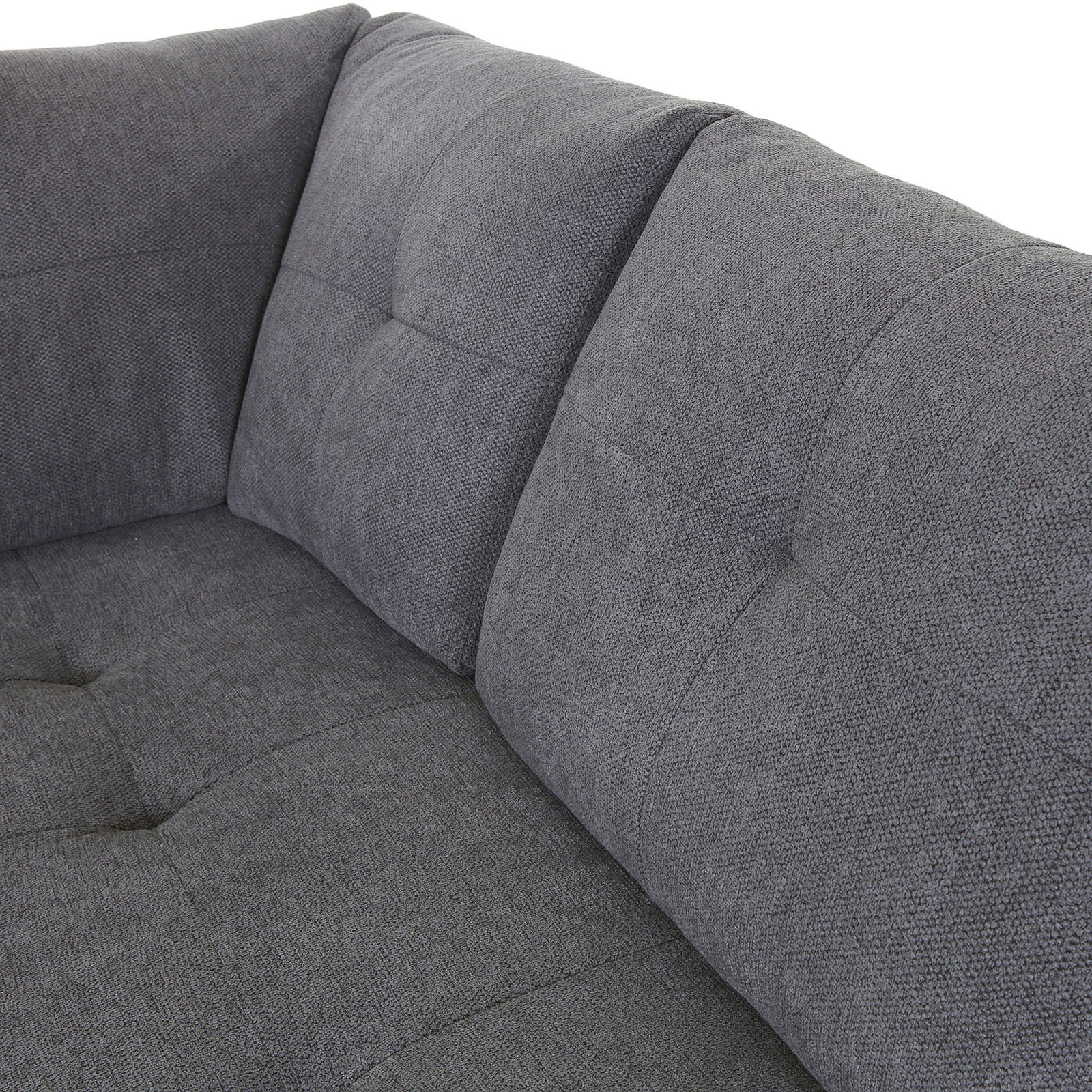 Graue Stoff-Rundecke mit gepolsterten Kissen, Nahaufnahme von der linken Seite.