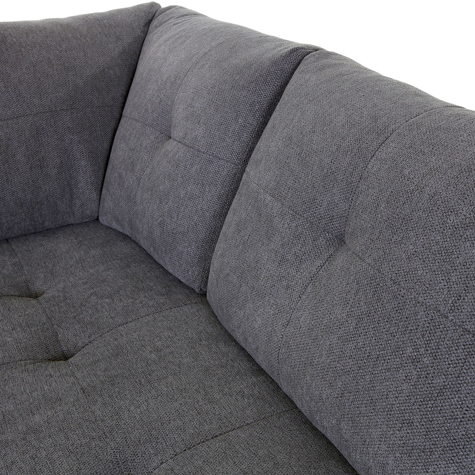 Graue Stoff-Rundecke mit gepolsterten Kissen, Nahaufnahme von der linken Seite.