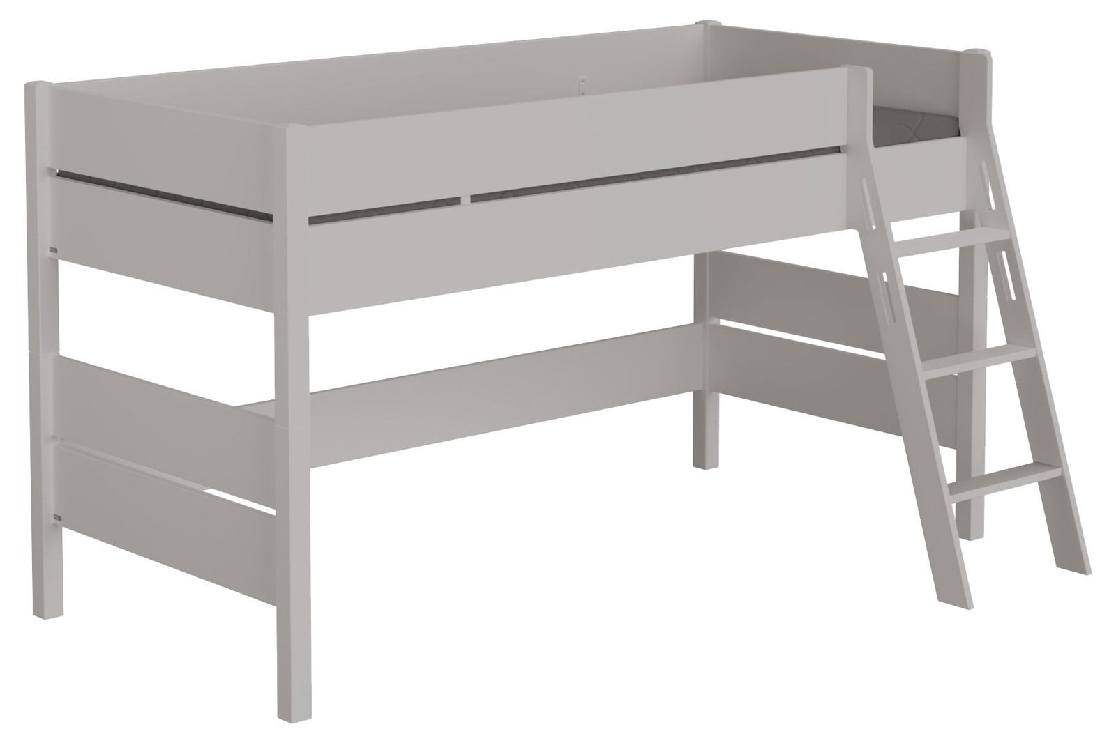 Weißes Spielbett mit Leiter, seitliche Perspektive