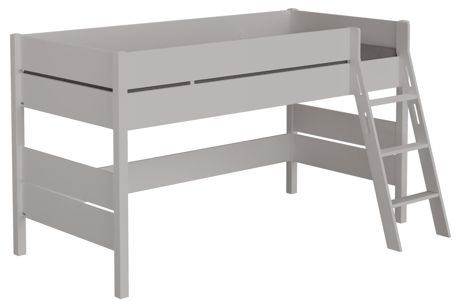 Weißes Spielbett mit Leiter, seitliche Perspektive