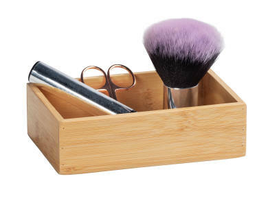 Bambus Ablage Terra S mit Kosmetikartikeln, seitliche Perspektive