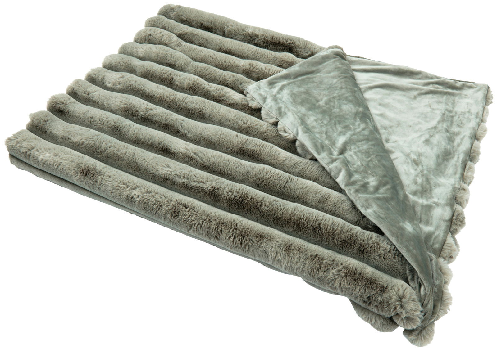 Graue Felldecke mit gestreiftem Muster, teilweise umgeschlagen, aus der Vogelperspektive fotografiert.