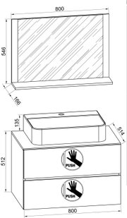 Technische Zeichnung eines Badezimmer-Waschtischs mit Unterschrank und Spiegel, Front- und perspektivische Ansicht, Maße ca. 800 mm Breite, 512 mm Höhe und 514 mm Tiefe, mit Push-Fronten.