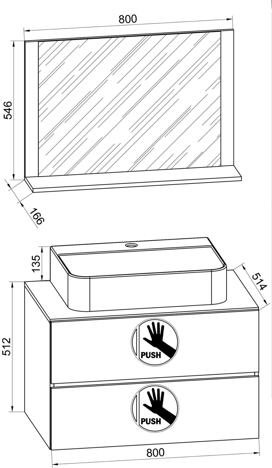 Technische Zeichnung eines Badezimmer-Waschtischs mit Unterschrank und Spiegel, Front- und perspektivische Ansicht, Maße ca. 800 mm Breite, 512 mm Höhe und 514 mm Tiefe, mit Push-Fronten.