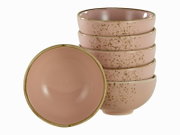 Stapel aus fünf rosa Keramikschalen mit goldenen Sprenkeln und braunem Rand, eine Schale vorne seitlich angelehnt; Produktansicht in leicht schräger Frontperspektive auf weißem Hintergrund