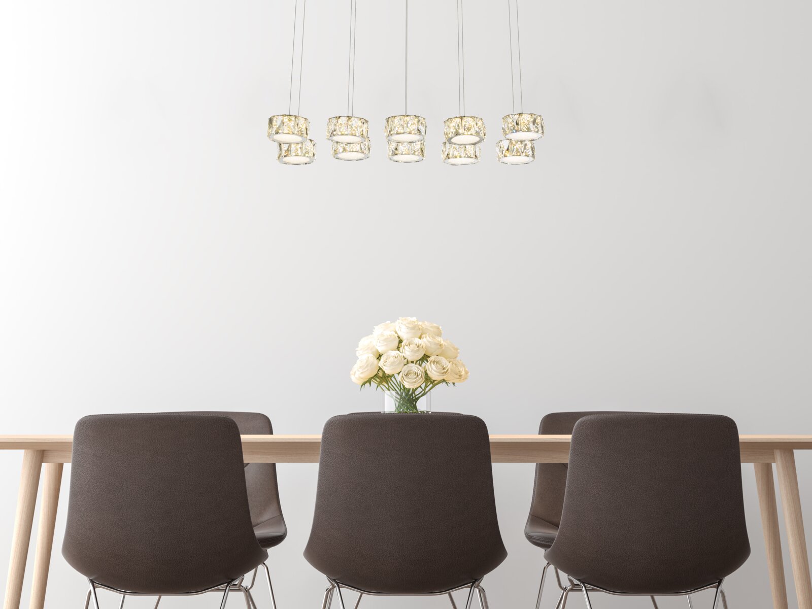 Globo Lighting Hängeleuchte AMUR Moderne Hängeleuchte mit mehreren Leuchtkörpern über einem Esstisch, seitliche Perspektive.