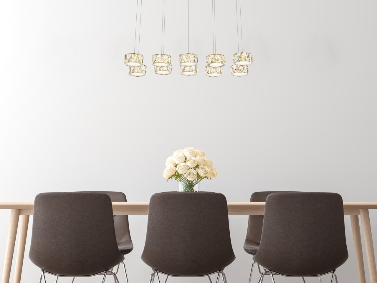 Globo Lighting Hängeleuchte AMUR Moderne Hängeleuchte mit mehreren Leuchtkörpern über einem Esstisch, seitliche Perspektive.