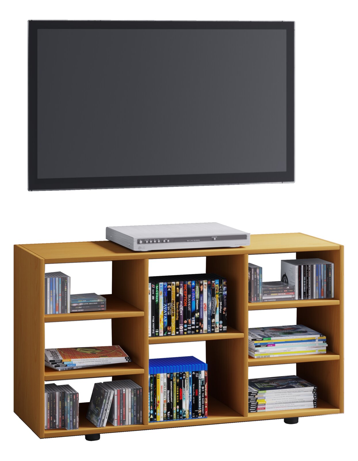 Modernes TV-Lowboard aus hellem Holz mit mehreren offenen Fächern, bestückt mit DVDs, CDs und Zeitschriften, oben ein DVD-Player; Ansicht von vorn in leichter Schrägperspektive.