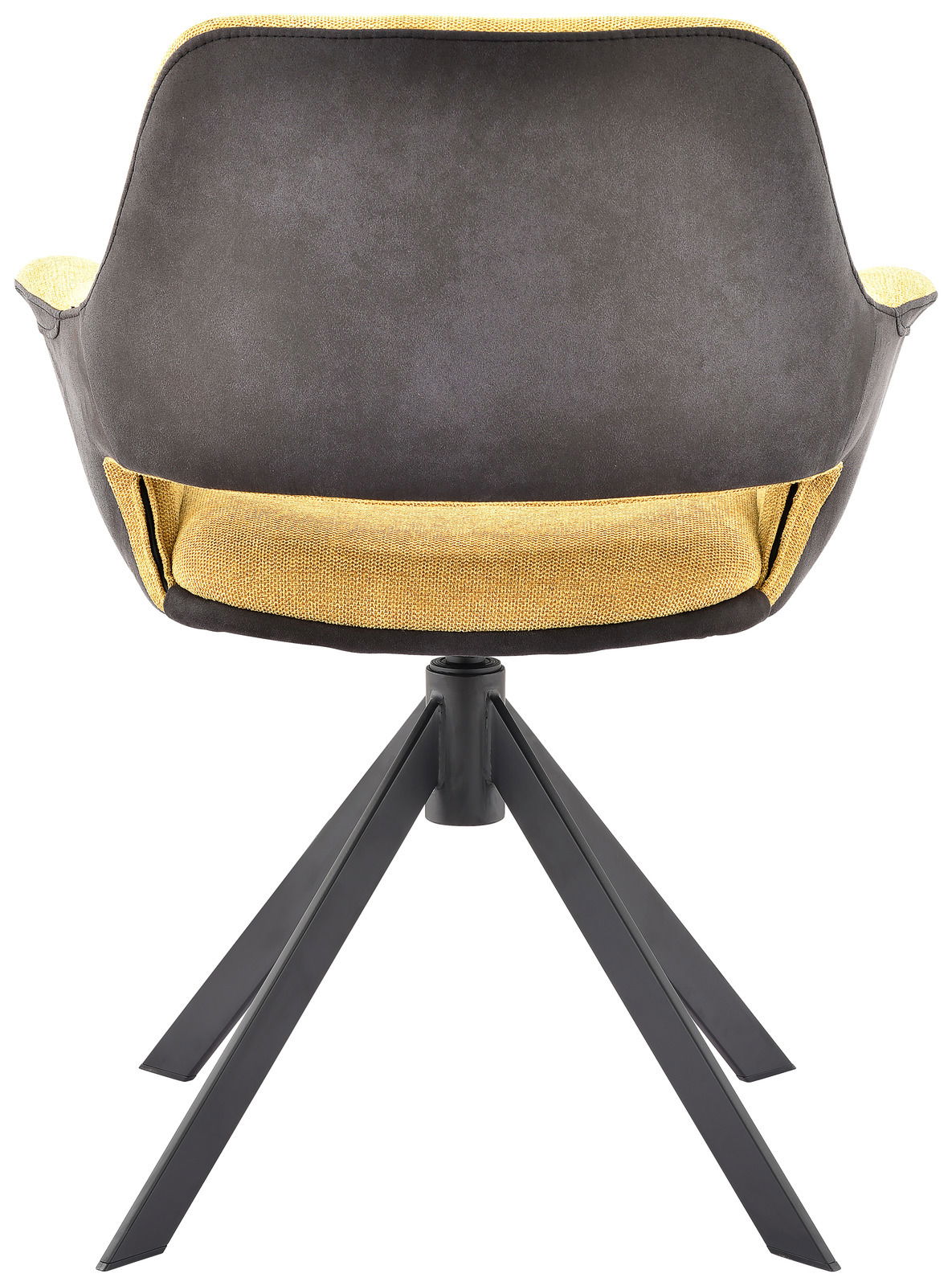 Rückansicht eines modernen Sessels mit schwarzem Gestell und gelber Polsterung.
