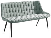 Graue, gepolsterte Bank mit modernem Design und schwarzen Metallbeinen, seitliche Perspektive