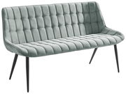 Graue, gepolsterte Bank mit modernem Design und schwarzen Metallbeinen, seitliche Perspektive