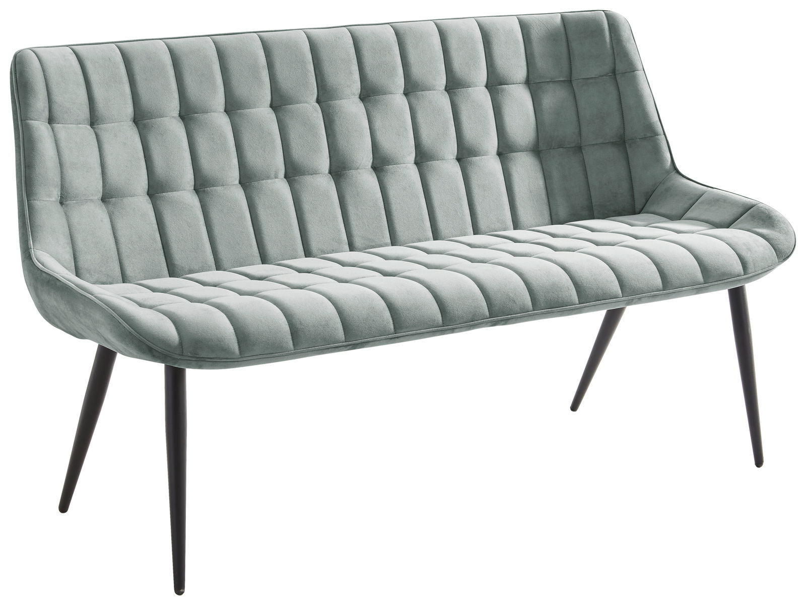 Graue, gepolsterte Bank mit modernem Design und schwarzen Metallbeinen, seitliche Perspektive