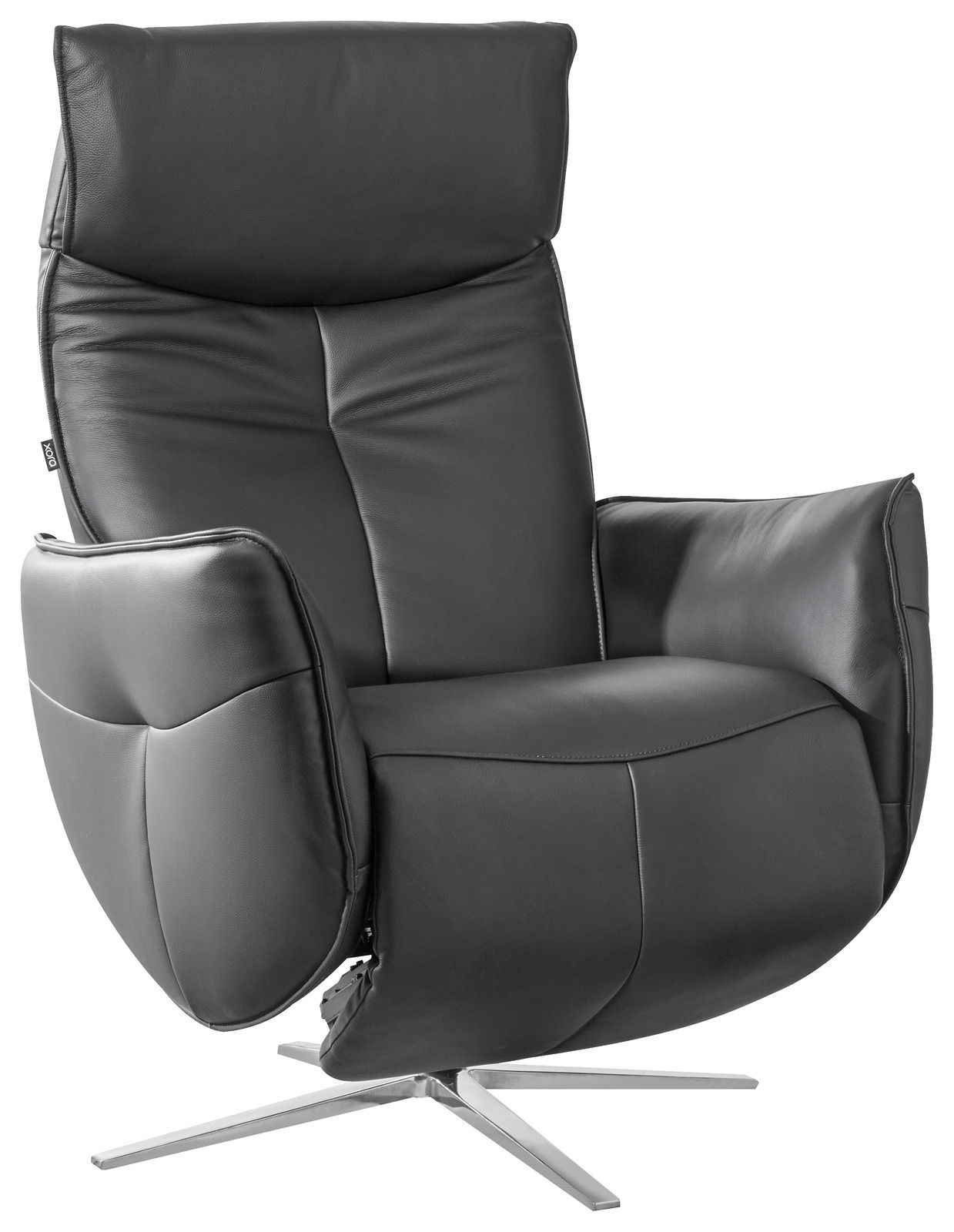 Schwarzer Relaxsessel aus Leder mit verstellbarer Rückenlehne und modernem Design, seitliche Perspektive