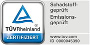 TÜV Rheinland Zertifikat, schadstoff- und emissionsgeprüft, mit ID 0000045390, Vorderansicht