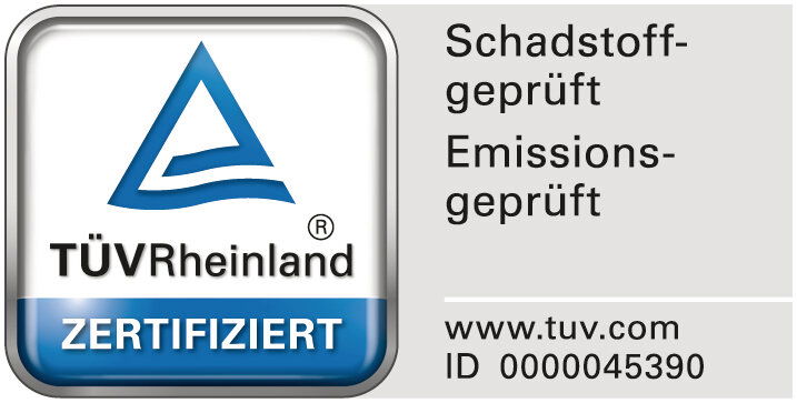 TÜV Rheinland Zertifikat, schadstoff- und emissionsgeprüft, mit ID 0000045390, Vorderansicht
