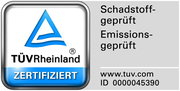 TÜV Rheinland Zertifikat, schadstoff- und emissionsgeprüft, mit ID 0000045390, Vorderansicht