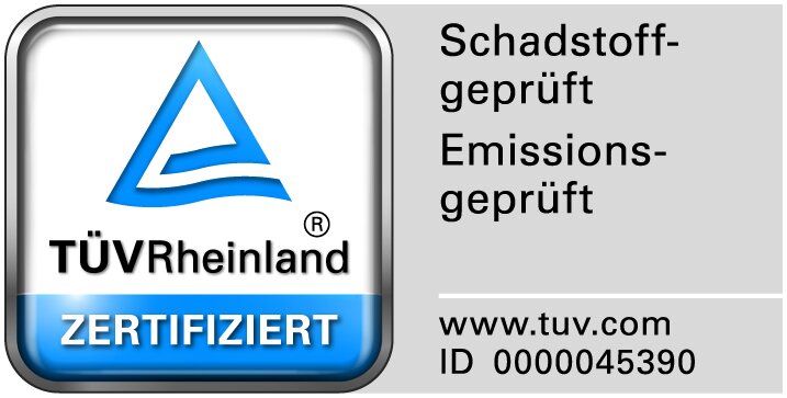 TÜV Rheinland Zertifikat, schadstoff- und emissionsgeprüft, mit ID 0000045390, Vorderansicht