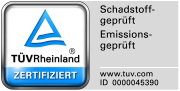 TÜV Rheinland Zertifikat, schadstoff- und emissionsgeprüft, mit ID 0000045390, Vorderansicht