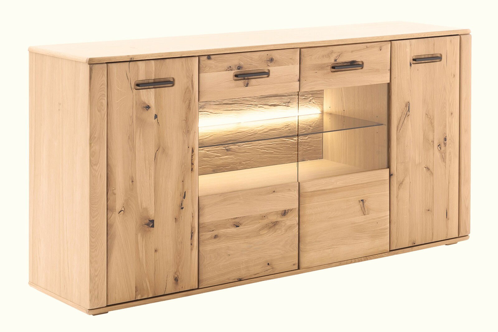 Cantus Sideboard ASINARA Holz-Sideboard mit Glasvitrine und Beleuchtung, seitliche Perspektive