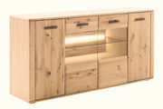 Holz-Sideboard mit Glasvitrine und Beleuchtung, seitliche Perspektive