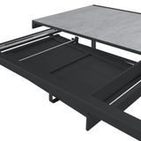 Erweiterbarer Gartentisch mit grauer Tischplatte und schwarzem Gestell, seitliche Perspektive
