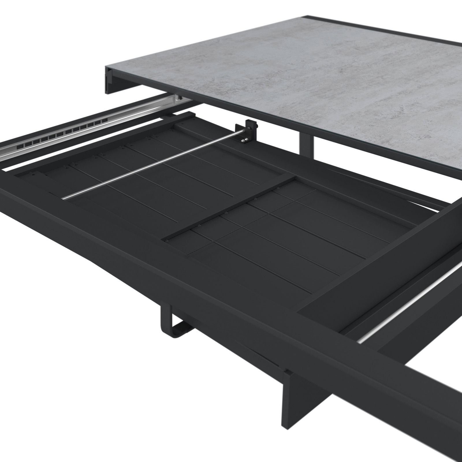 Erweiterbarer Gartentisch mit grauer Tischplatte und schwarzem Gestell, seitliche Perspektive