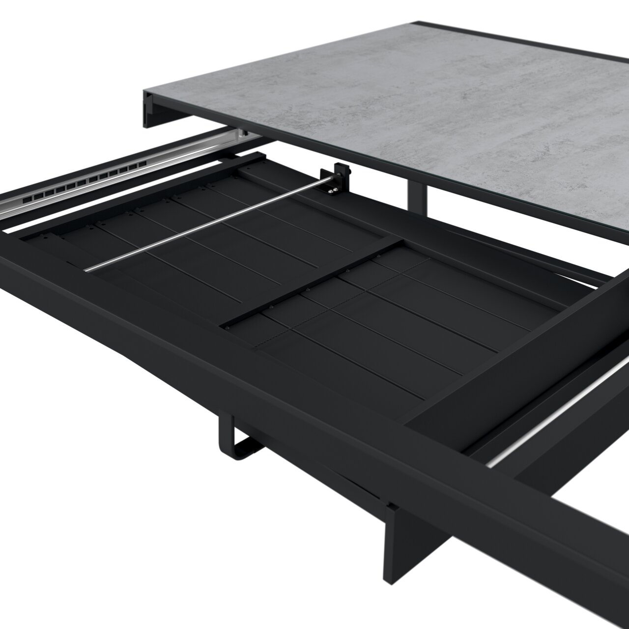 Uitbreidbare tuintafel met grijs tafelblad en zwart onderstel, zijaanzicht