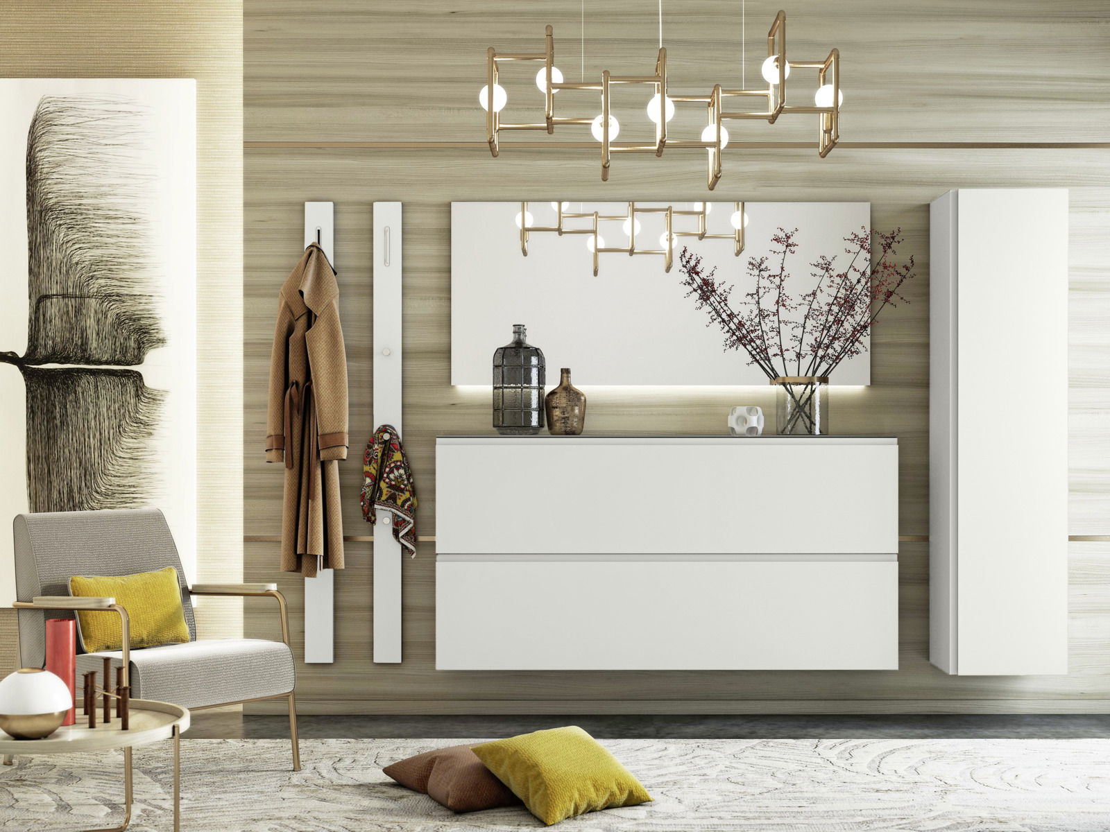 Moderner XL-Hängeschuhschrank in Weiß, frontal betrachtet, mit zwei Schubladen, dekoriert mit Vasen und Pflanzen, in einem stilvollen Wohnzimmerambiente.