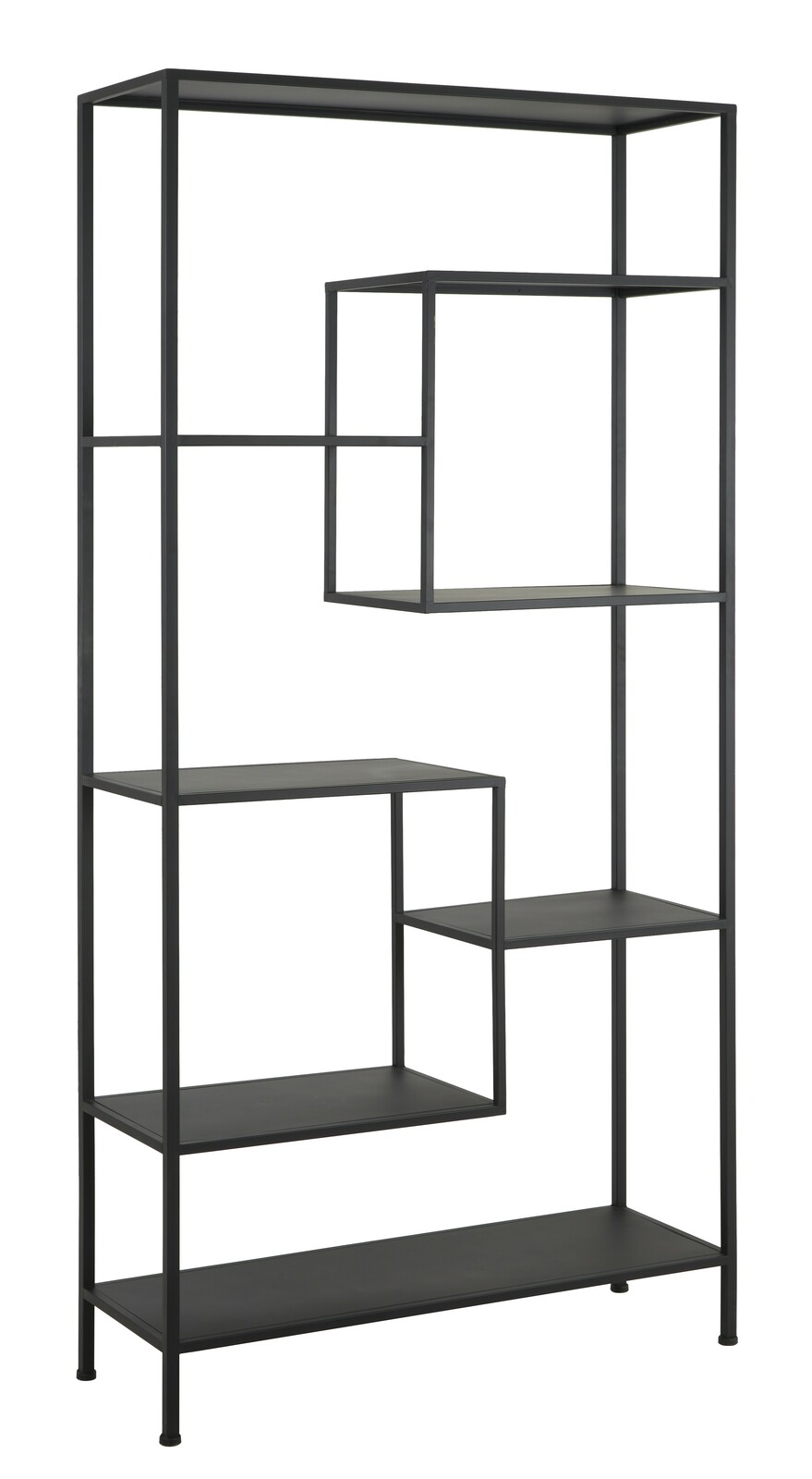 Modernes, offenes schwarzes Regal mit asymmetrischen Regalböden, seitliche Perspektive.