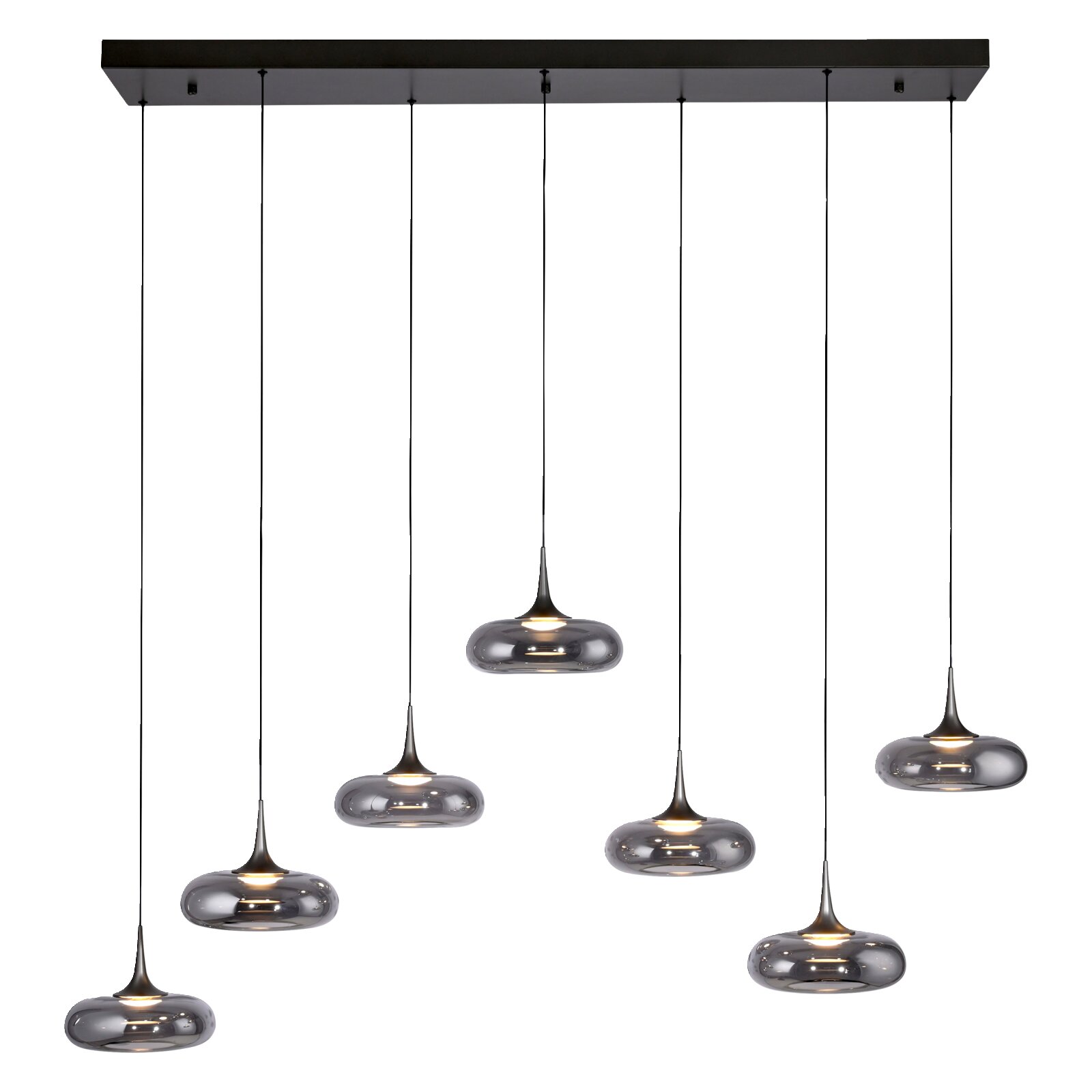 Schöner Wohnen LED-Hängleuchte POSH Mehrflammige Pendelleuchte mit rechteckigem Deckenbaldachin und sieben rauchgrauen Glas-Schirmen, warmes Licht, Ansicht von vorne leicht von unten