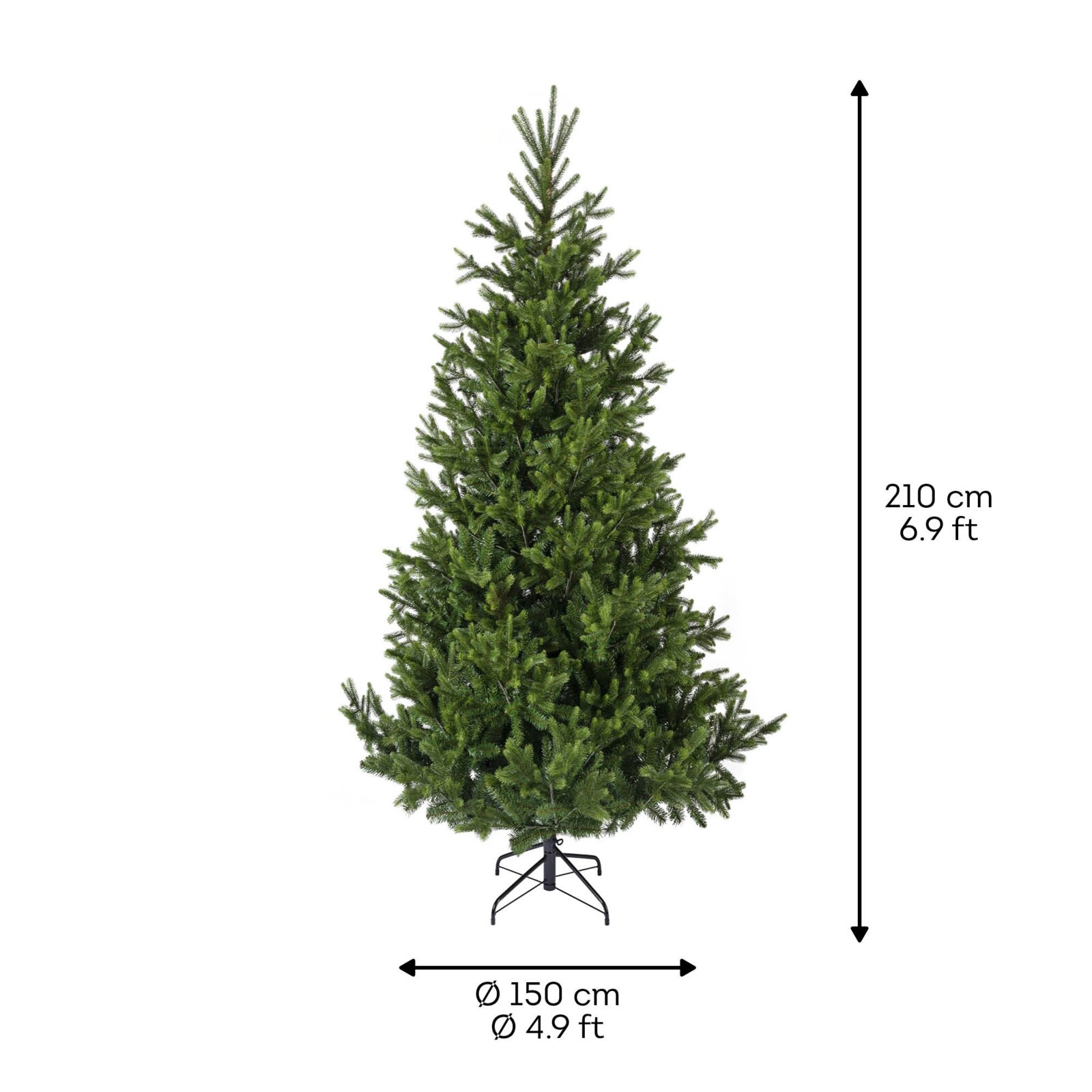 Grüner künstlicher Weihnachtsbaum mit Metallständer, 210 cm hoch und 150 cm im Durchmesser, in frontaler Gesamtansicht