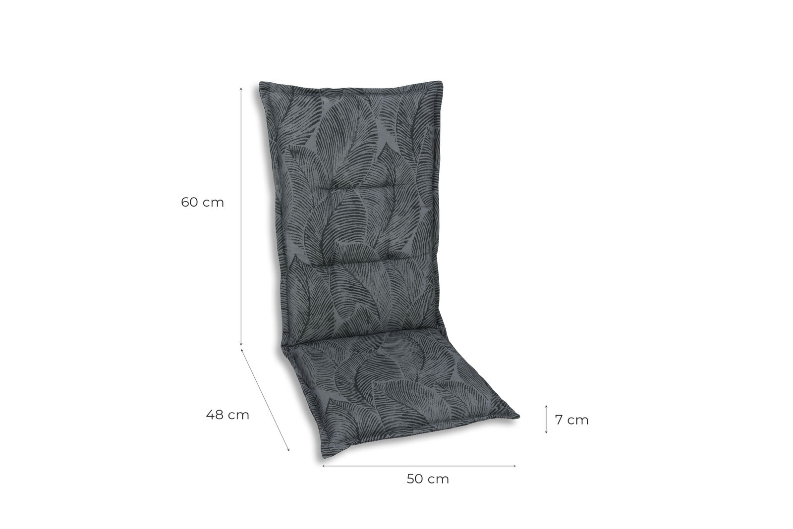 Graue Sesselauflage mit Blattmuster, seitliche Perspektive, Maße: 60 cm Höhe, 48 cm Tiefe, 50 cm Breite, 7 cm Dicke.