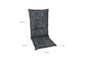 Graue Sesselauflage mit Blattmuster, seitliche Perspektive, Maße: 60 cm Höhe, 48 cm Tiefe, 50 cm Breite, 7 cm Dicke.