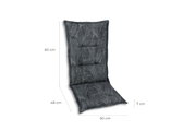 Graue Sesselauflage mit Blattmuster, seitliche Perspektive, Maße: 60 cm Höhe, 48 cm Tiefe, 50 cm Breite, 7 cm Dicke.