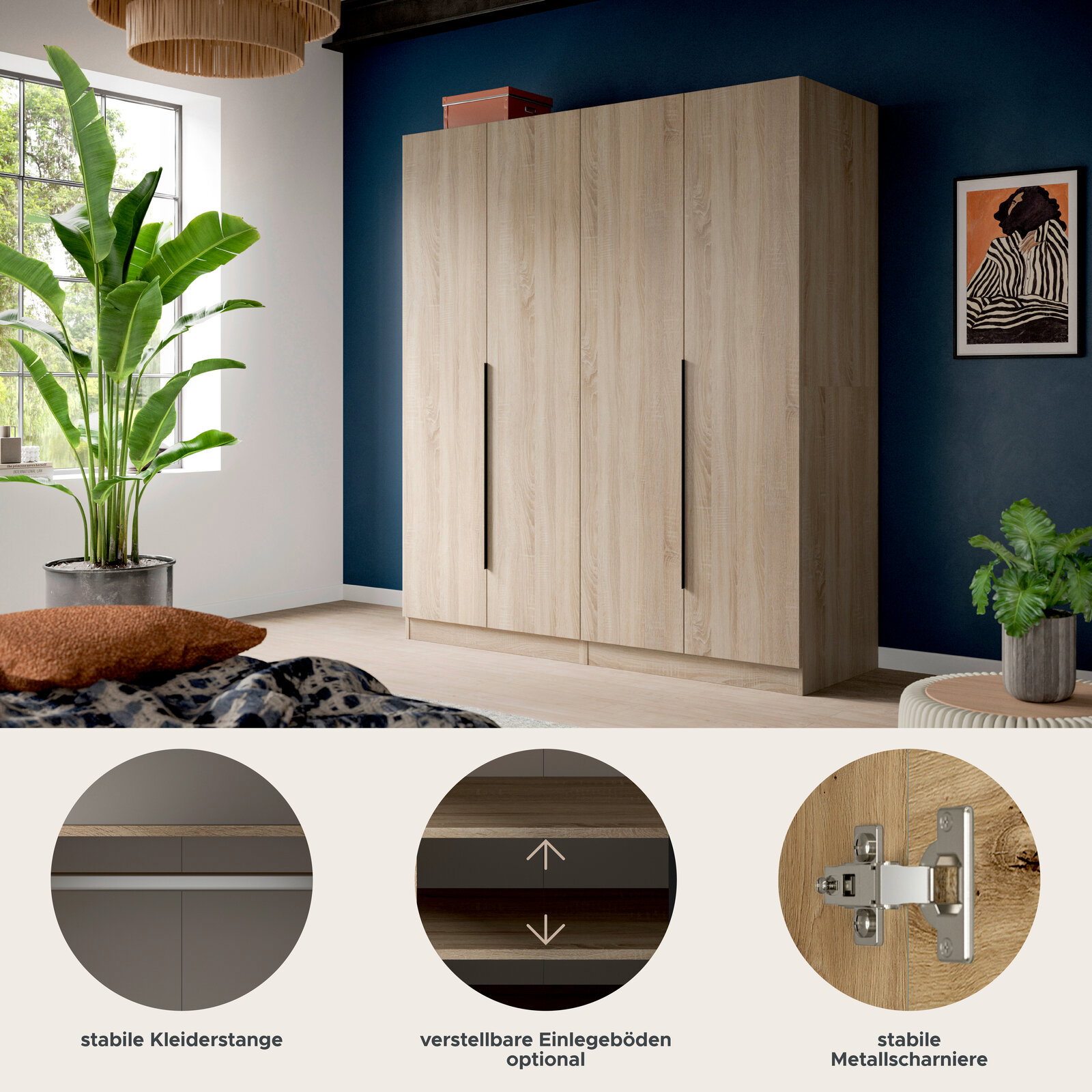 Heller Kleiderschrank in Holzoptik mit vier Türen und langen schwarzen Griffen vor dunkelblauer Wand im Schlafzimmer, Frontansicht in leichter Schrägperspektive; Detail-Icons zeigen stabile Kleiderstange, optional verstellbare Einlegeböden und stabile Met
