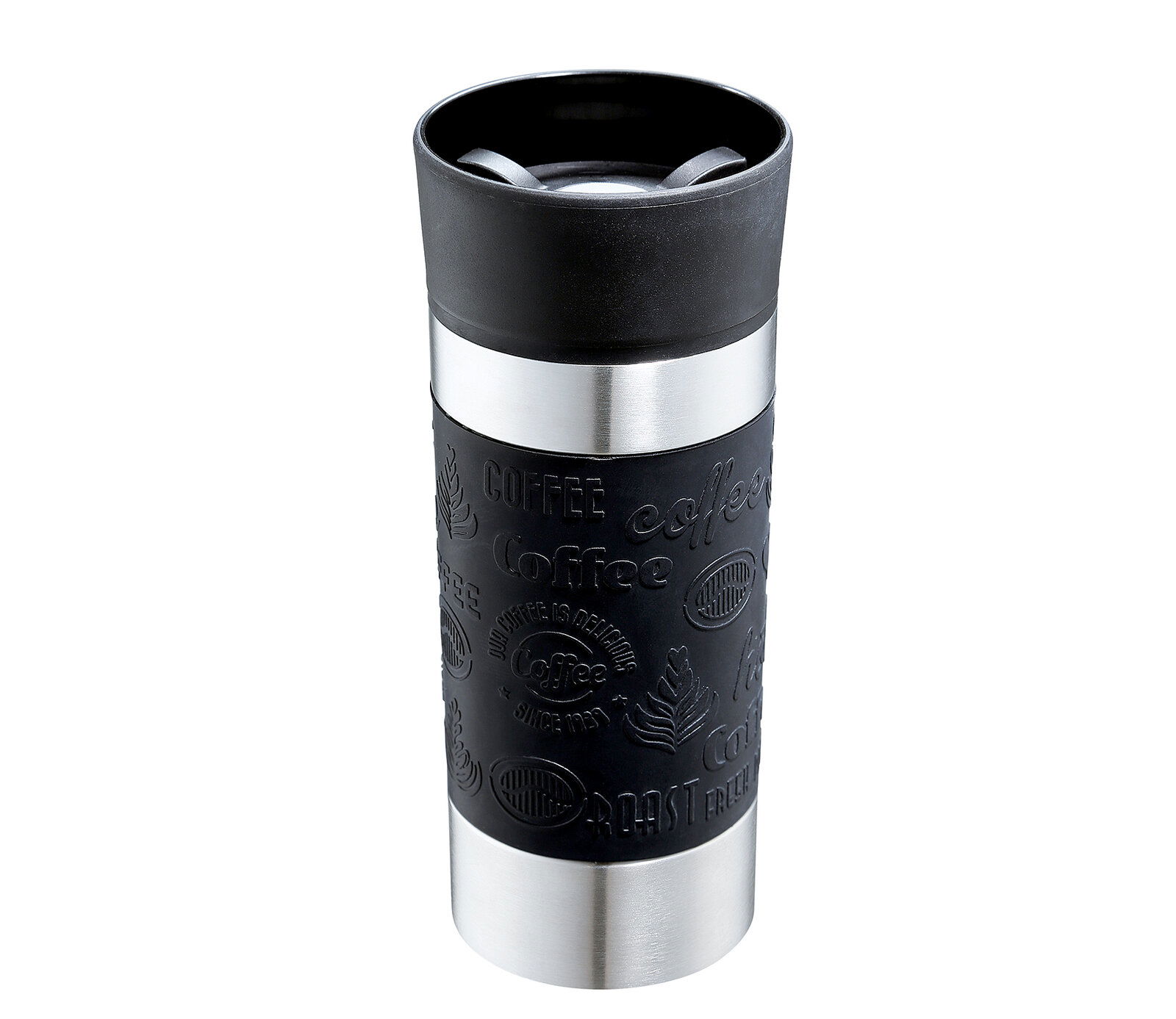 Schwarzer Trinkbecher Viaggio 360ml mit Edelstahlakzenten, seitliche Perspektive