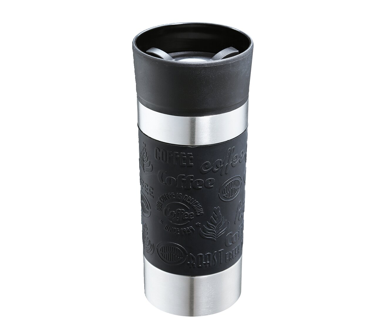Schwarzer Trinkbecher Viaggio 360ml mit Edelstahlakzenten, seitliche Perspektive