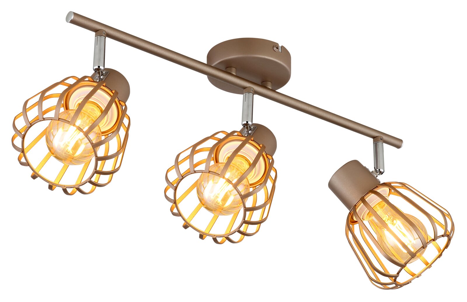 Dreiflammige Decken-Spotleuchte in Bronze/Gold mit drei Drahtgitter-Schirmen und warm leuchtenden Edison-Lampen, schräg von unten in Perspektive auf weißem Hintergrund